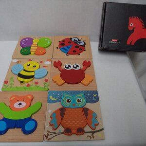 Wood City Puzzles Set 6 sorting Butterfly Bee Bear Crab Ladybug Owl Bear NIB NEW